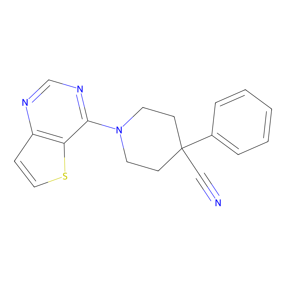 4-Phenyl-1-{thieno[3,2-d]pyrimidin-4-yl}piperidine-4-carbonitrile molecular structure, CAS 2741920-56-7