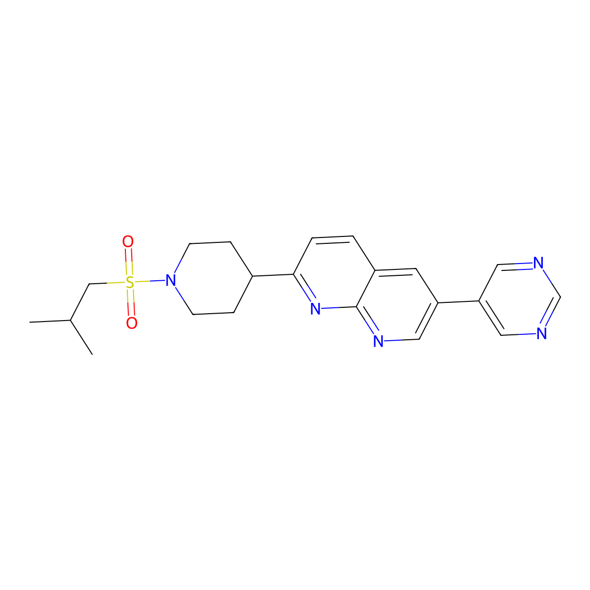 2-[1-(2-Methylpropanesulfonyl)piperidin-4-yl]-6-(pyrimidin-5-yl)-1,8-naphthyridine molecular structure, CAS 2741920-60-3