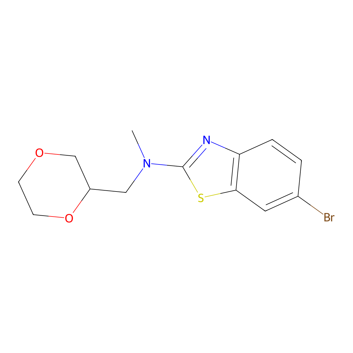6-bromo-N-[(1,4-dioxan-2-yl)methyl]-N-methyl-1,3-benzothiazol-2-amine molecular structure, CAS 2741920-61-4