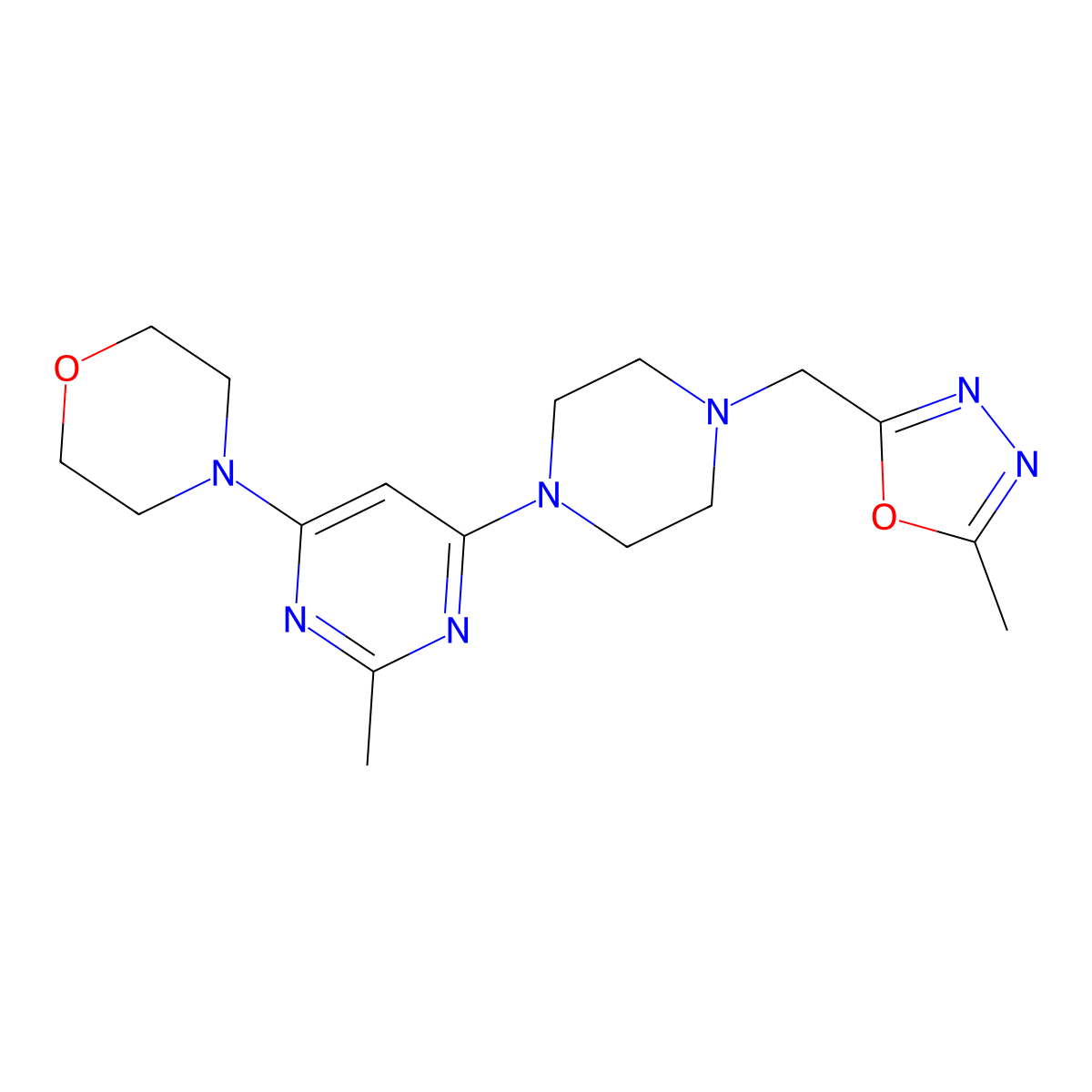 4-(2-Methyl-6-{4-[(5-methyl-1,3,4-oxadiazol-2-yl)methyl]piperazin-1-yl}pyrimidin-4-yl)morpholine molecular structure, CAS 2741920-62-5