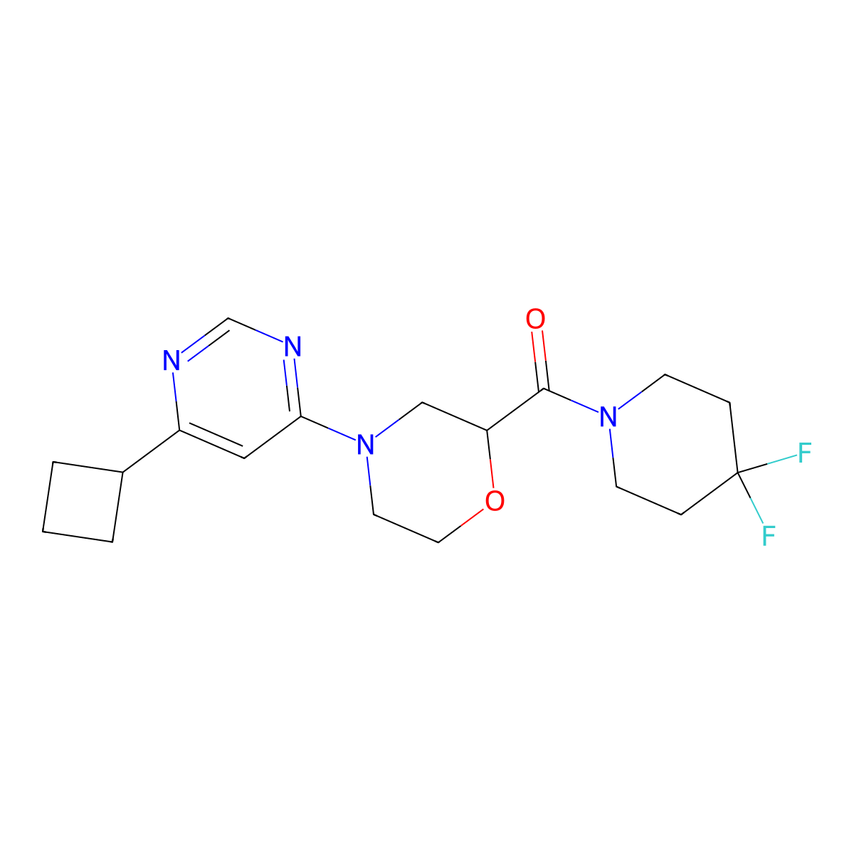 4-(6-Cyclobutylpyrimidin-4-yl)-2-(4,4-difluoropiperidine-1-carbonyl)morpholine molecular structure, CAS 2741920-71-6