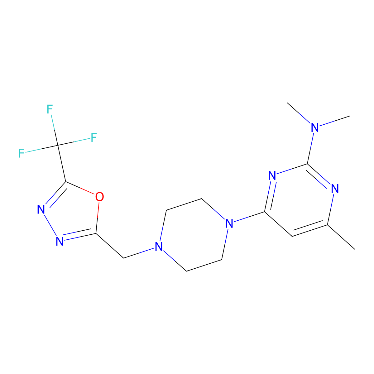 N,N,4-trimethyl-6-(4-{[5-(trifluoromethyl)-1,3,4-oxadiazol-2-yl]methyl}piperazin-1-yl)pyrimidin-2-amine molecular structure, CAS 2741920-75-0