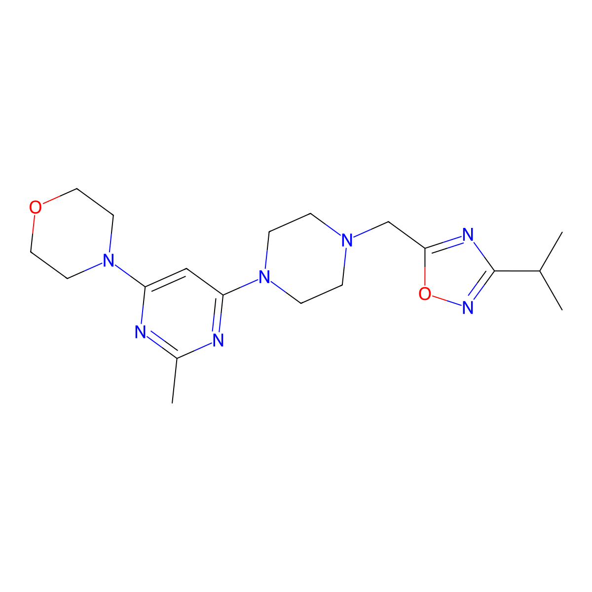 4-[2-Methyl-6-(4-{[3-(propan-2-yl)-1,2,4-oxadiazol-5-yl]methyl}piperazin-1-yl)pyrimidin-4-yl]morpholine molecular structure, CAS 2741920-80-7