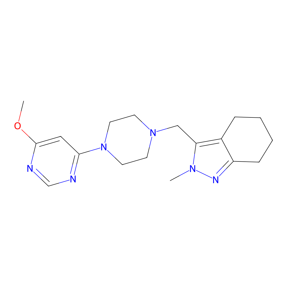 3-{[4-(6-methoxypyrimidin-4-yl)piperazin-1-yl]methyl}-2-methyl-4,5,6,7-tetrahydro-2H-indazole molecular structure, CAS 2741920-83-0