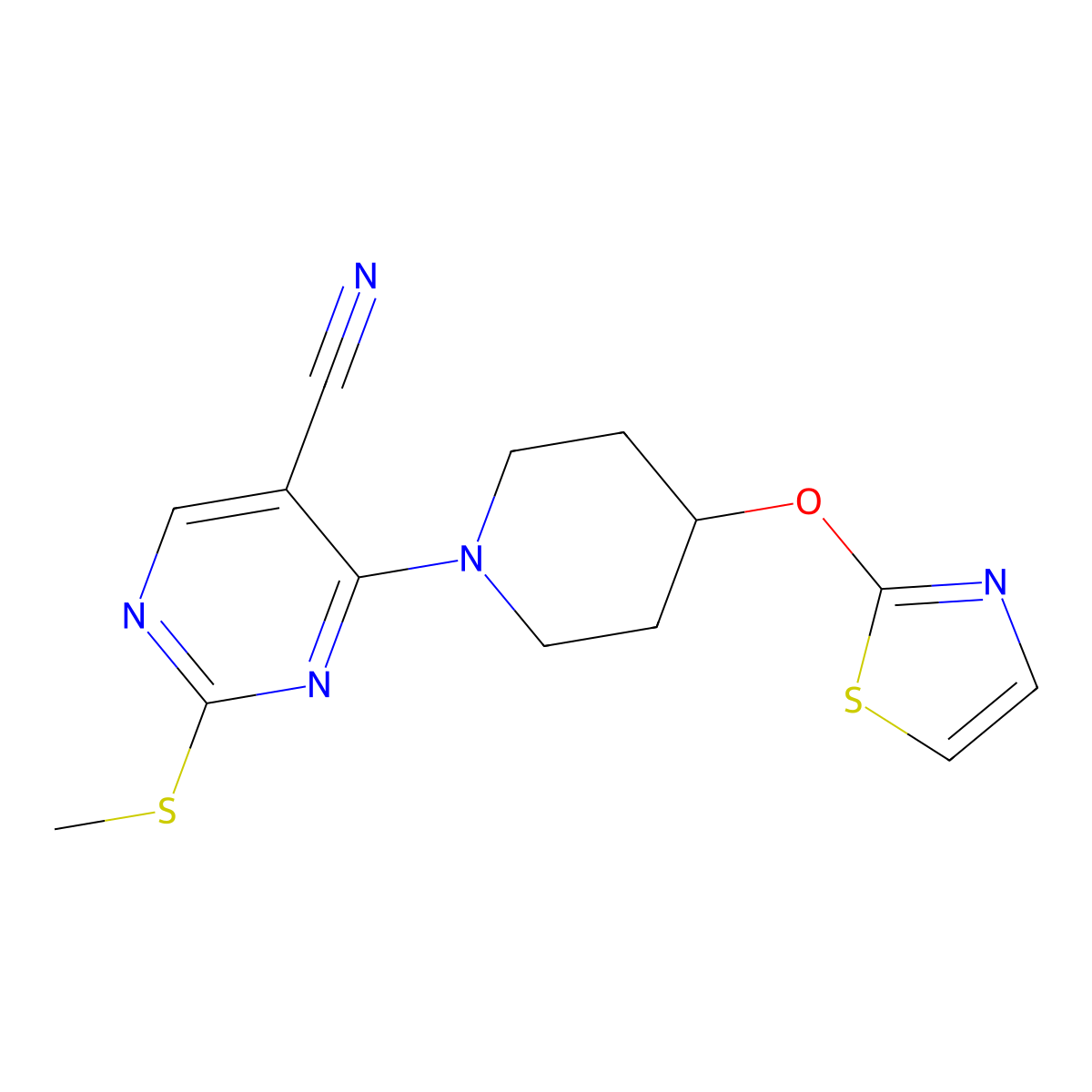 2-(Methylsulfanyl)-4-[4-(1,3-thiazol-2-yloxy)piperidin-1-yl]pyrimidine-5-carbonitrile molecular structure, CAS 2741920-87-4