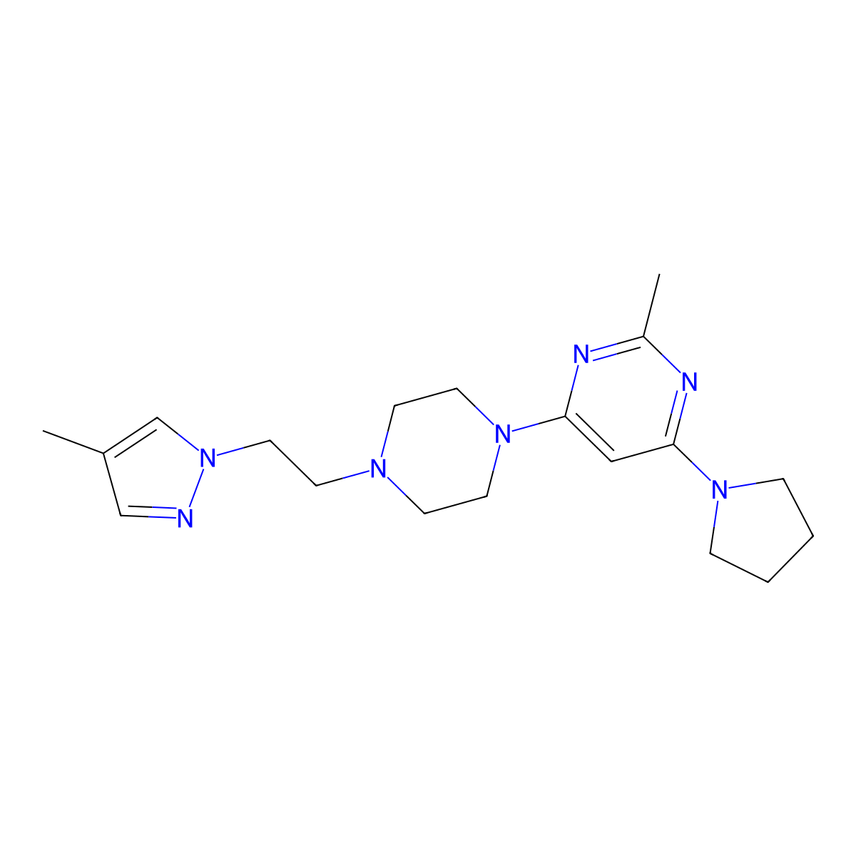 2-methyl-4-{4-[2-(4-methyl-1H-pyrazol-1-yl)ethyl]piperazin-1-yl}-6-(pyrrolidin-1-yl)pyrimidine molecular structure, CAS 2741920-98-7
