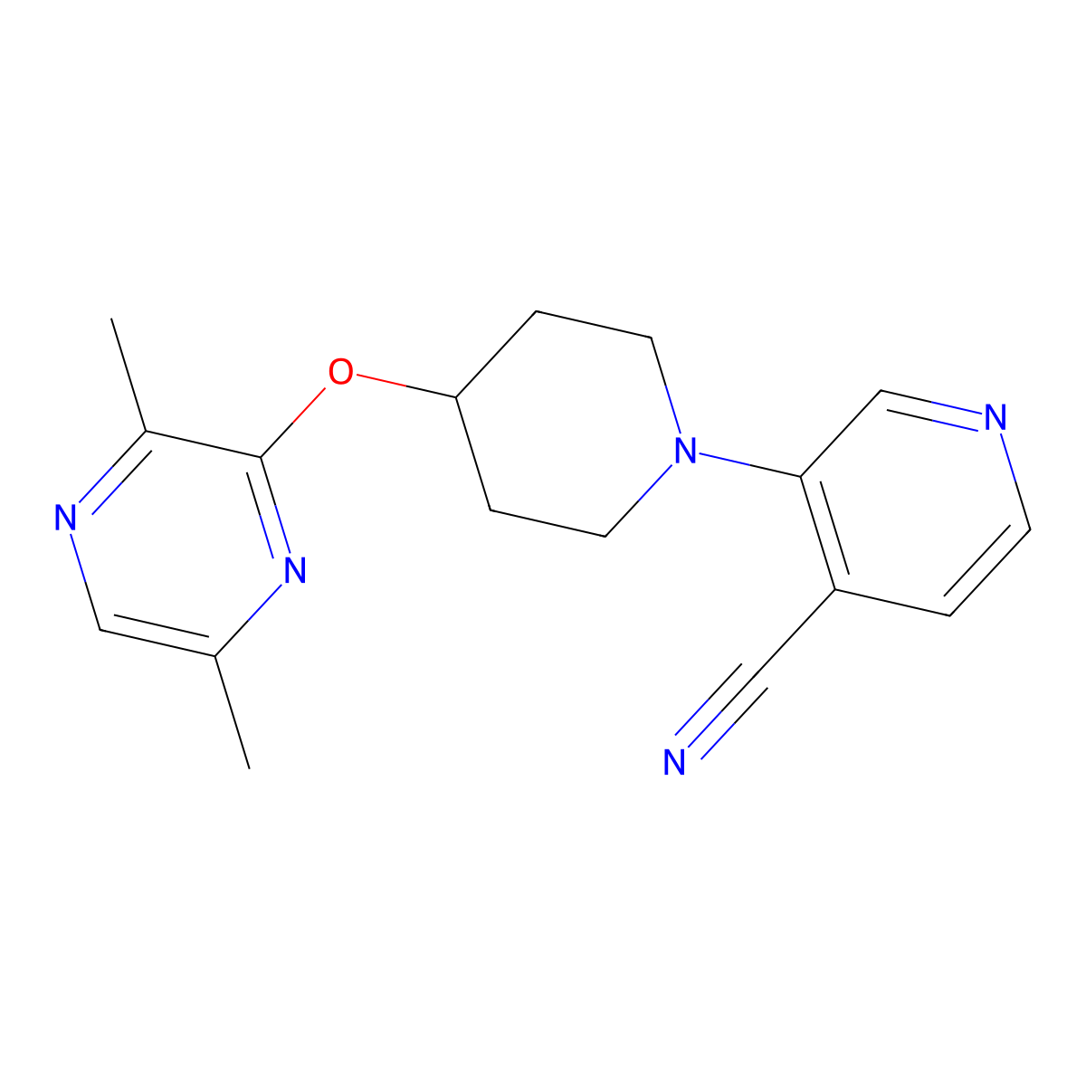 3-{4-[(3,6-Dimethylpyrazin-2-yl)oxy]piperidin-1-yl}pyridine-4-carbonitrile molecular structure, CAS 2741921-00-4