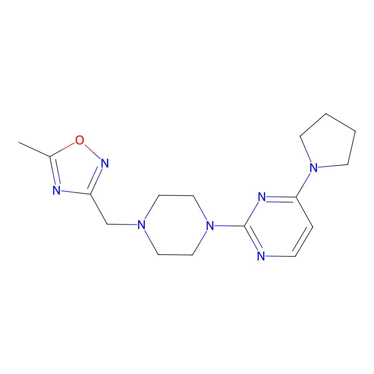 2-{4-[(5-Methyl-1,2,4-oxadiazol-3-yl)methyl]piperazin-1-yl}-4-(pyrrolidin-1-yl)pyrimidine molecular structure, CAS 2741921-05-9