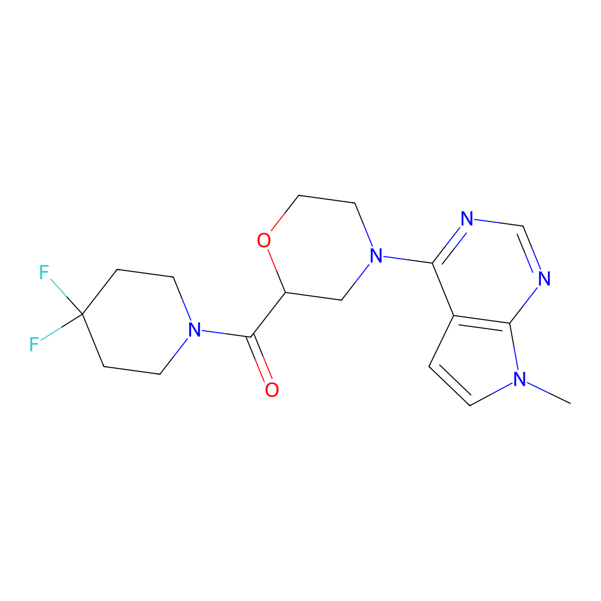 2-(4,4-difluoropiperidine-1-carbonyl)-4-{7-methyl-7H-pyrrolo[2,3-d]pyrimidin-4-yl}morpholine molecular structure, CAS 2741921-09-3