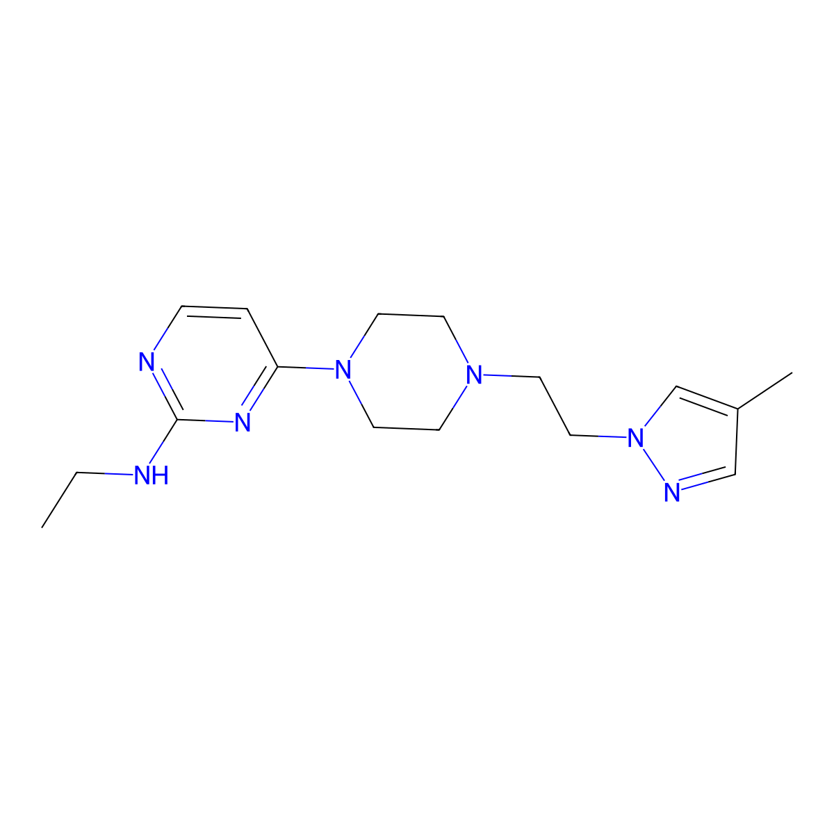 N-ethyl-4-{4-[2-(4-methyl-1H-pyrazol-1-yl)ethyl]piperazin-1-yl}pyrimidin-2-amine molecular structure, CAS 2741921-16-2