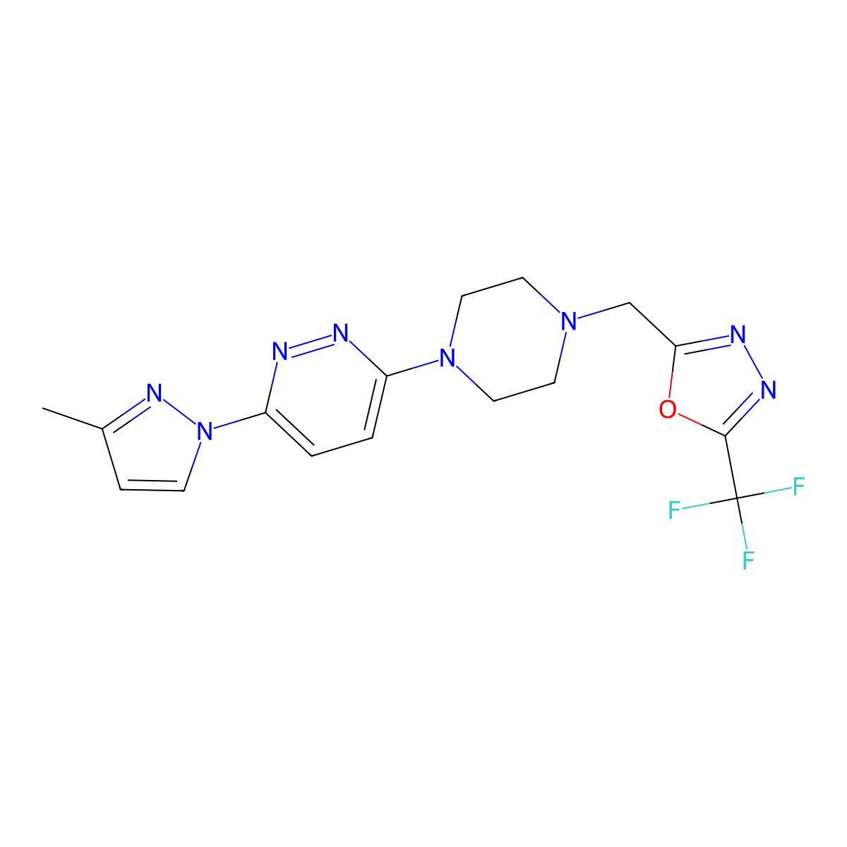 3-(3-methyl-1H-pyrazol-1-yl)-6-(4-{[5-(trifluoromethyl)-1,3,4-oxadiazol-2-yl]methyl}piperazin-1-yl)pyridazine molecular structure, CAS 2741921-19-5