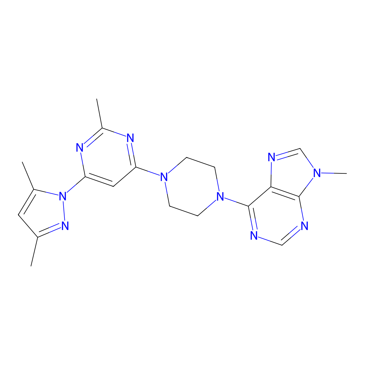 6-{4-[6-(3,5-dimethyl-1H-pyrazol-1-yl)-2-methylpyrimidin-4-yl]piperazin-1-yl}-9-methyl-9H-purine molecular structure, CAS 2741921-22-0