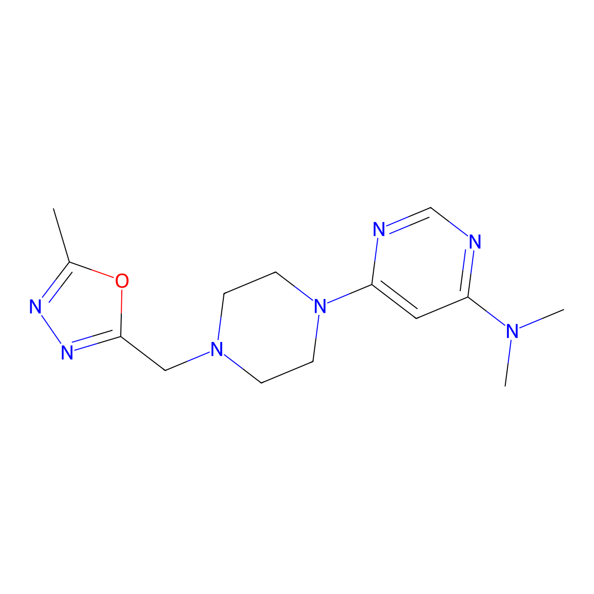 N,N-dimethyl-6-{4-[(5-methyl-1,3,4-oxadiazol-2-yl)methyl]piperazin-1-yl}pyrimidin-4-amine molecular structure, CAS 2741921-26-4