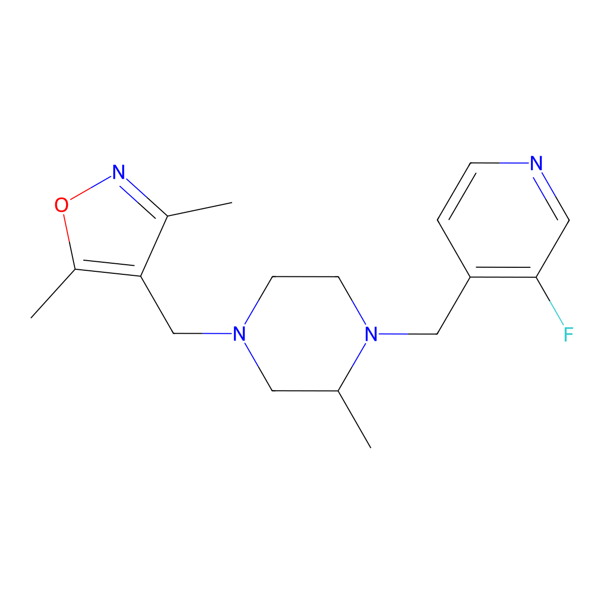 4-[(3,5-Dimethyl-1,2-oxazol-4-yl)methyl]-1-[(3-fluoropyridin-4-yl)methyl]-2-methylpiperazine molecular structure, CAS 2741921-34-4
