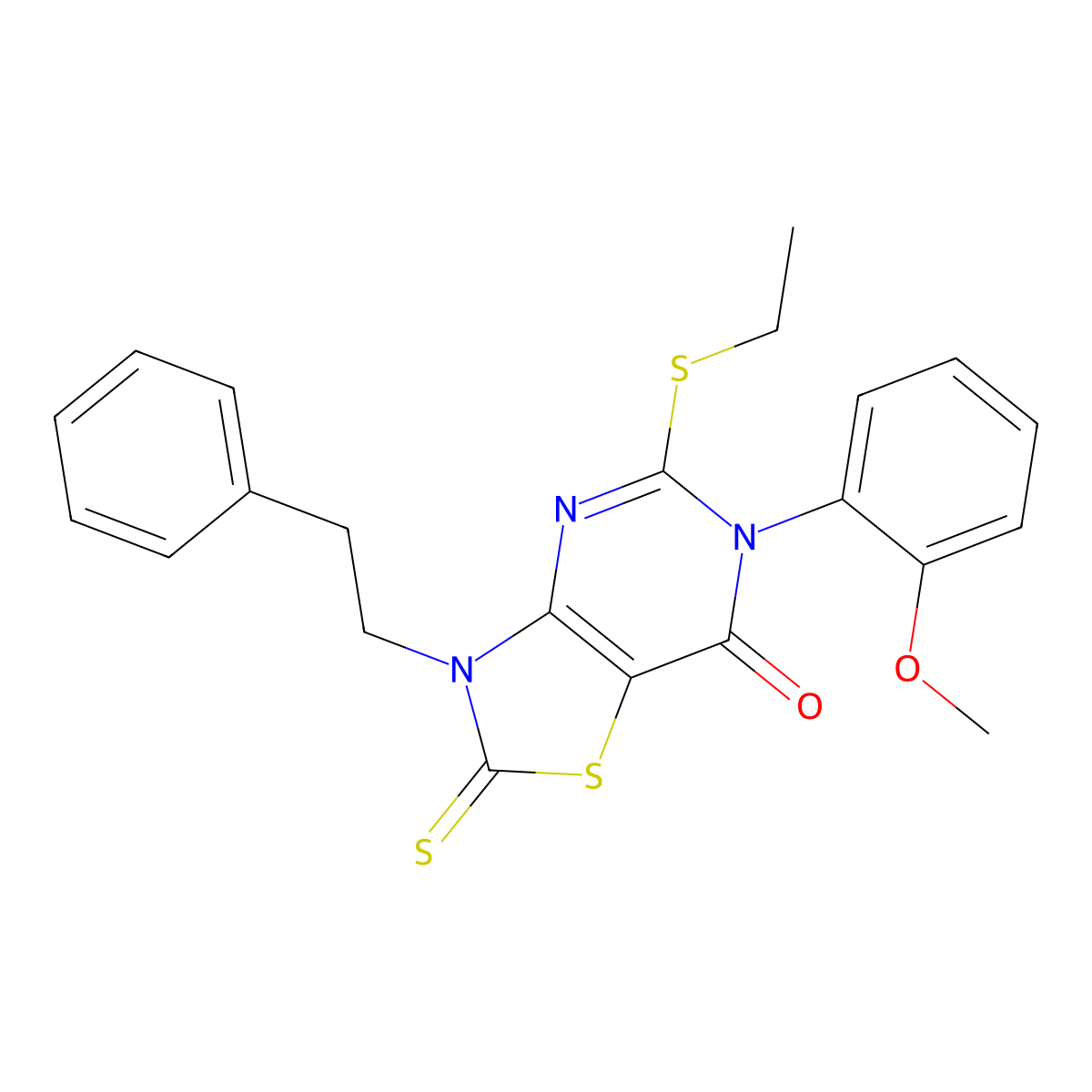 5-(ethylsulfanyl)-6-(2-methoxyphenyl)-3-(2-phenylethyl)-2-sulfanylidene-2H,3H,6H,7H-[1,3]thiazolo[4,5-d]pyrimidin-7-one molecular structure, CAS 2741921-35-5