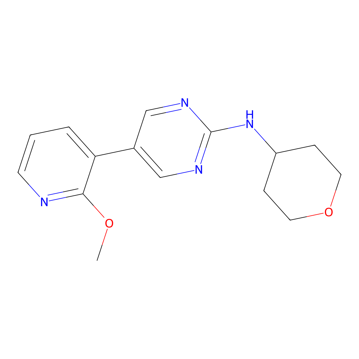 5-(2-methoxypyridin-3-yl)-N-(oxan-4-yl)pyrimidin-2-amine molecular structure, CAS 2741921-37-7