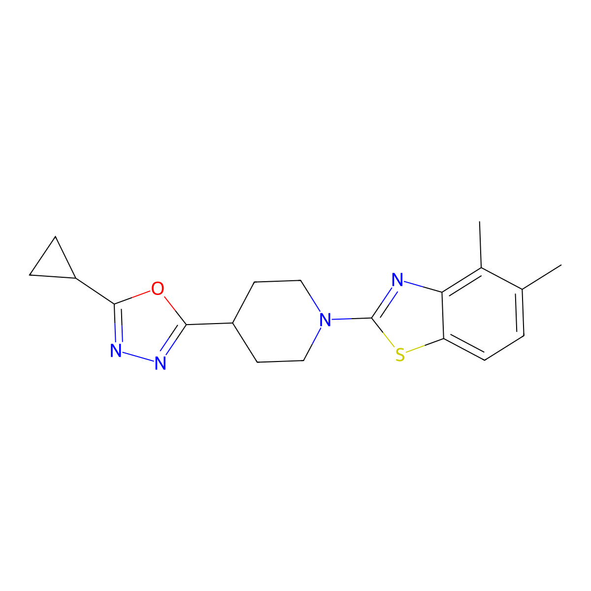 2-[4-(5-Cyclopropyl-1,3,4-oxadiazol-2-yl)piperidin-1-yl]-4,5-dimethyl-1,3-benzothiazole molecular structure, CAS 2741921-42-4