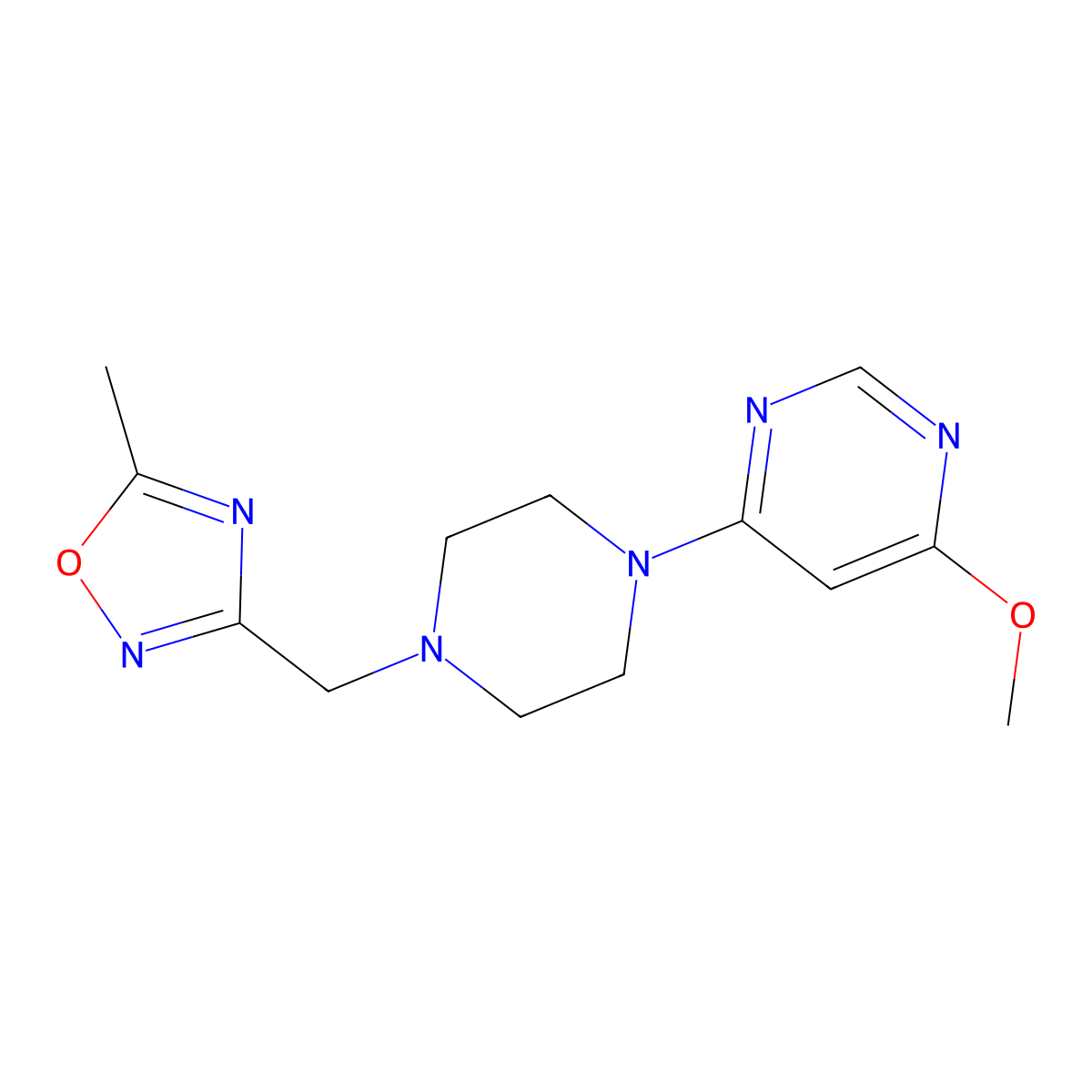 4-Methoxy-6-{4-[(5-methyl-1,2,4-oxadiazol-3-yl)methyl]piperazin-1-yl}pyrimidine molecular structure, CAS 2741921-43-5