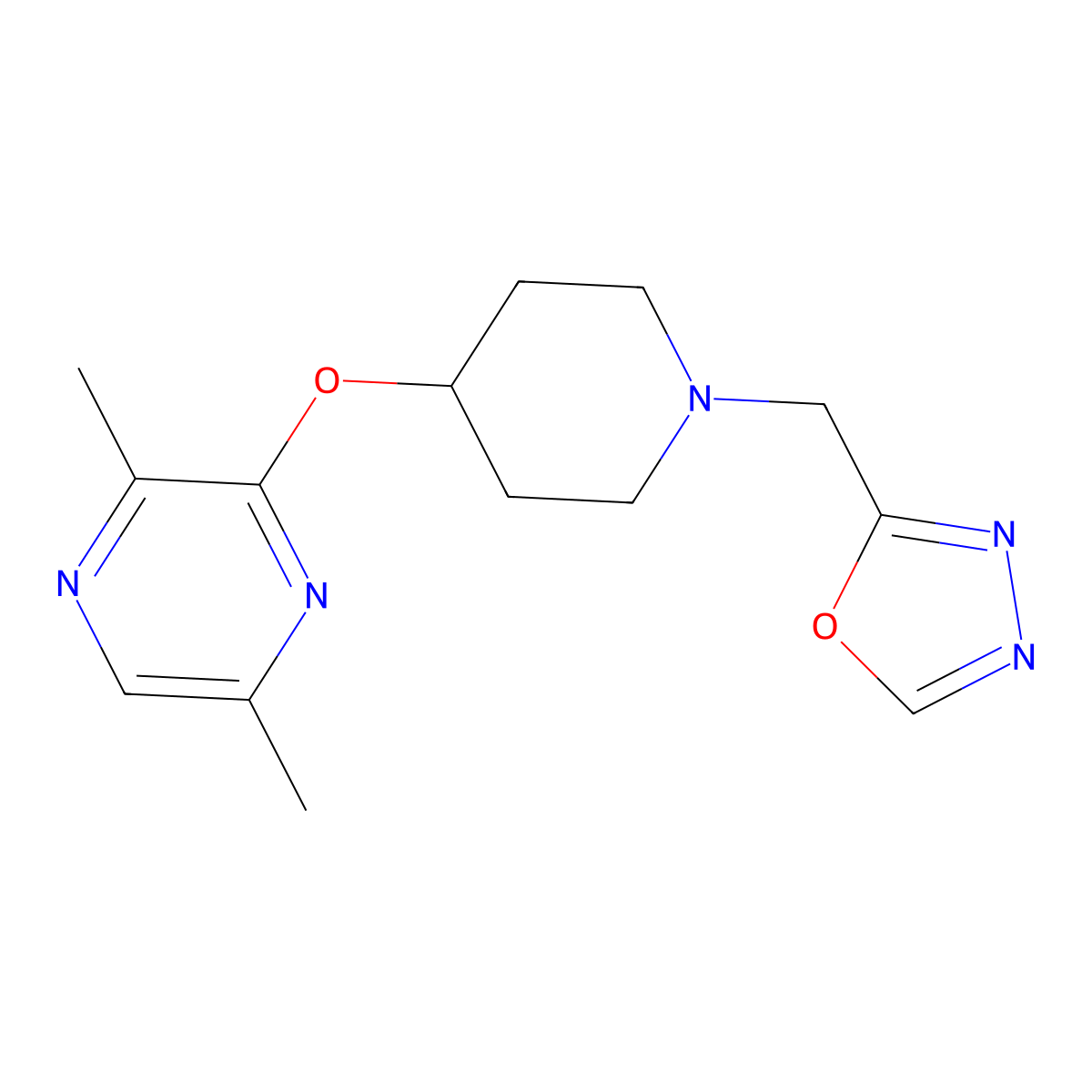2,5-Dimethyl-3-({1-[(1,3,4-oxadiazol-2-yl)methyl]piperidin-4-yl}oxy)pyrazine molecular structure, CAS 2741921-45-7