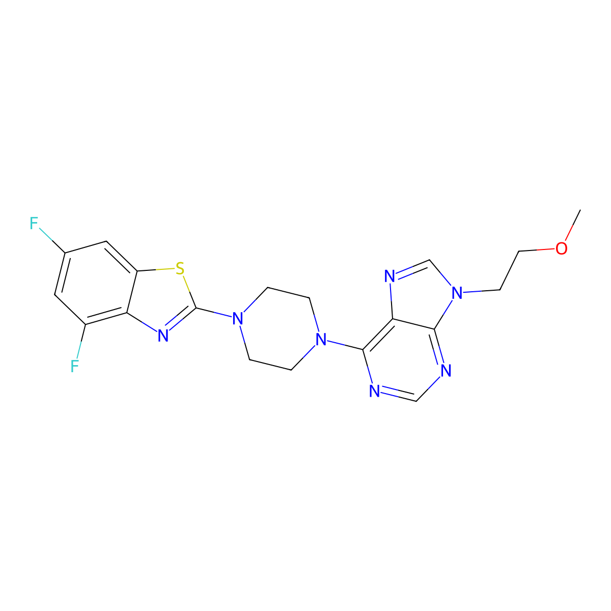 6-[4-(4,6-difluoro-1,3-benzothiazol-2-yl)piperazin-1-yl]-9-(2-methoxyethyl)-9H-purine molecular structure, CAS 2741921-46-8