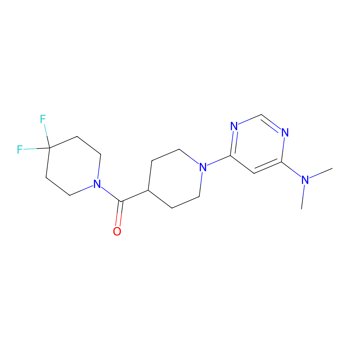 6-[4-(4,4-difluoropiperidine-1-carbonyl)piperidin-1-yl]-N,N-dimethylpyrimidin-4-amine molecular structure, CAS 2741921-51-5