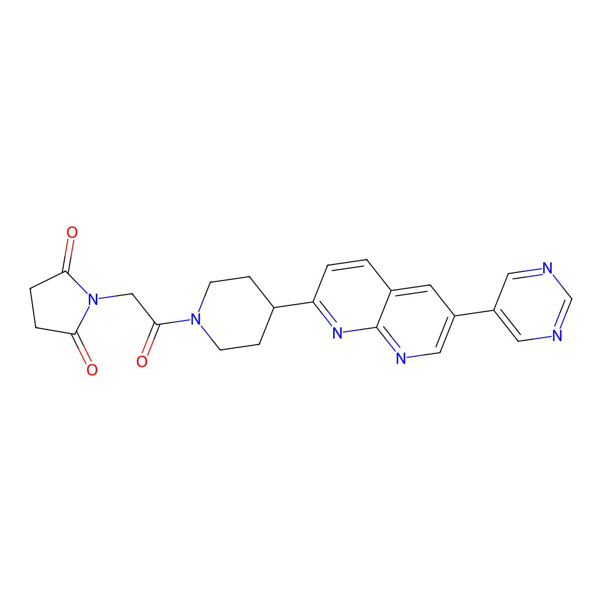 1-(2-Oxo-2-{4-[6-(pyrimidin-5-yl)-1,8-naphthyridin-2-yl]piperidin-1-yl}ethyl)pyrrolidine-2,5-dione molecular structure, CAS 2741921-56-0