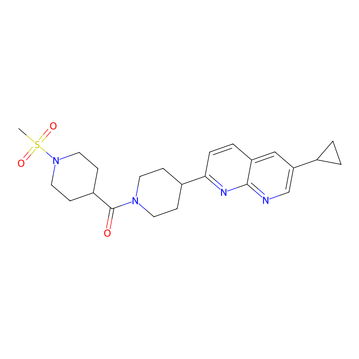 6-Cyclopropyl-2-[1-(1-methanesulfonylpiperidine-4-carbonyl)piperidin-4-yl]-1,8-naphthyridine molecular structure, CAS 2741921-65-1