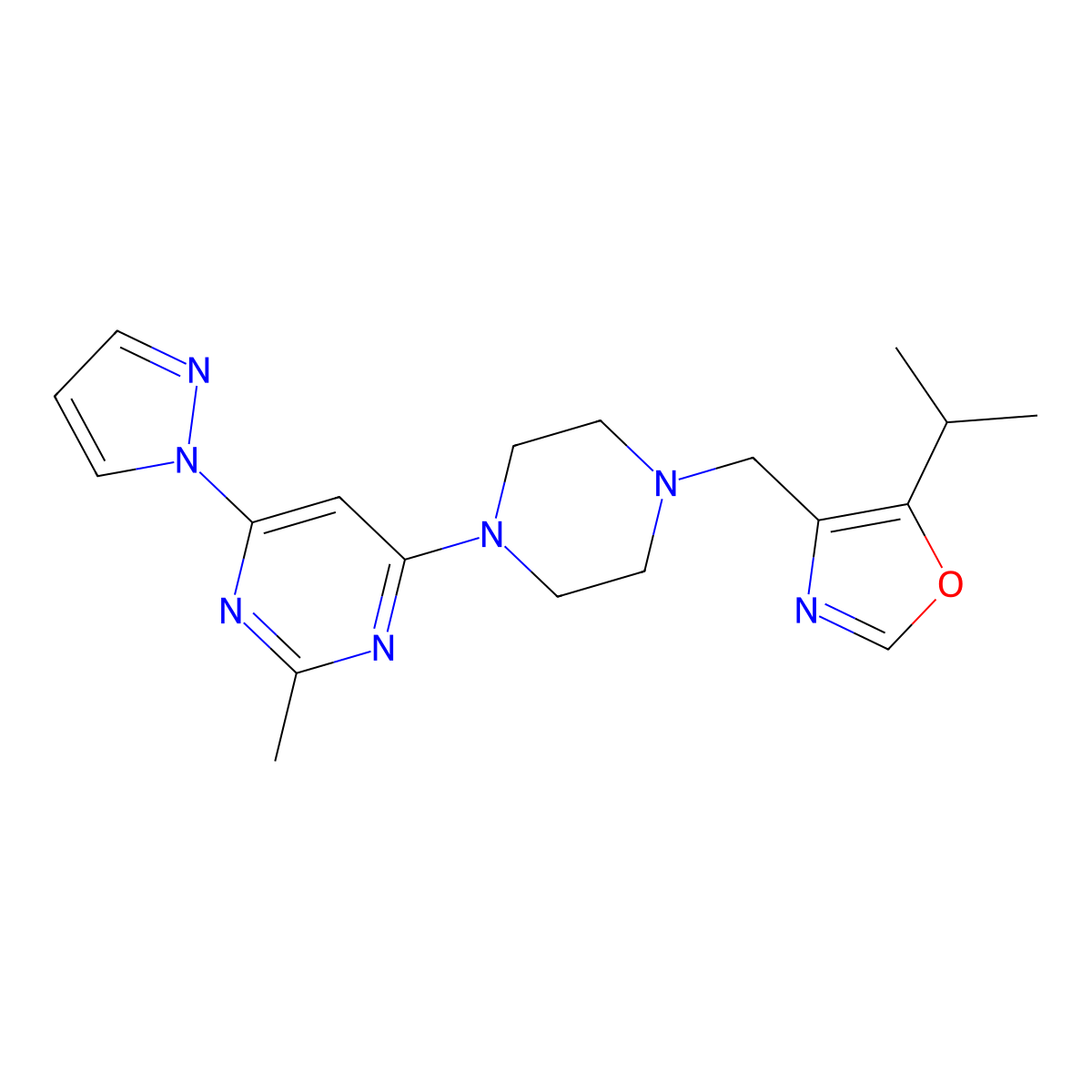 2-methyl-4-(4-{[5-(propan-2-yl)-1,3-oxazol-4-yl]methyl}piperazin-1-yl)-6-(1H-pyrazol-1-yl)pyrimidine molecular structure, CAS 2741921-67-3