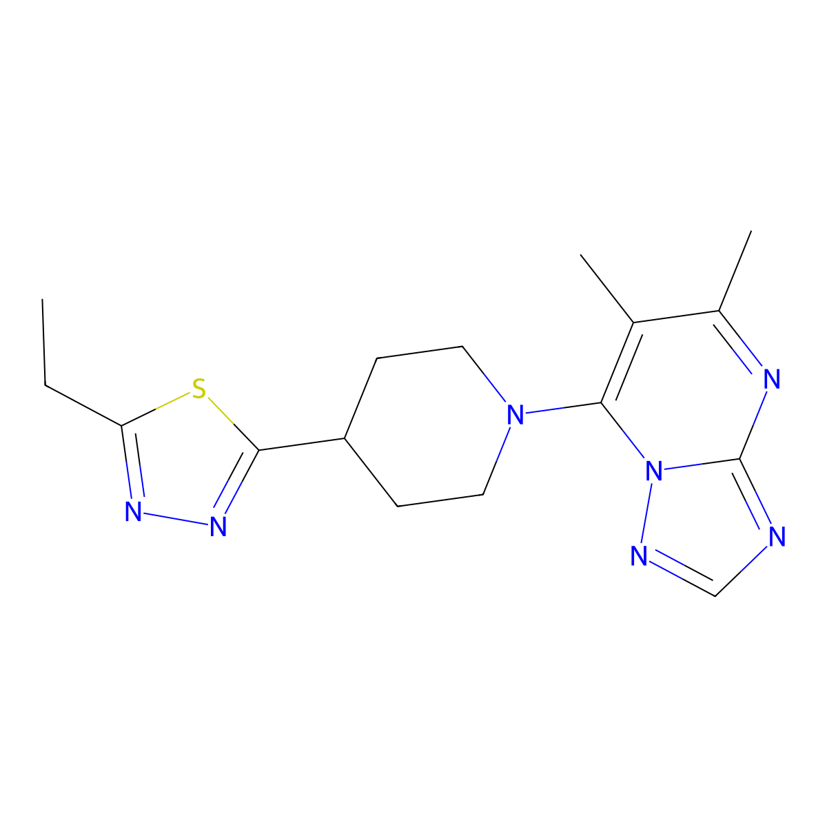 1-{5,6-Dimethyl-[1,2,4]triazolo[1,5-a]pyrimidin-7-yl}-4-(5-ethyl-1,3,4-thiadiazol-2-yl)piperidine molecular structure, CAS 2741921-74-2
