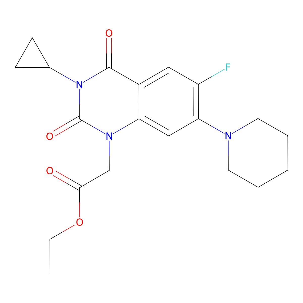 Ethyl 2-[3-cyclopropyl-6-fluoro-2,4-dioxo-7-(piperidin-1-yl)-1,2,3,4-tetrahydroquinazolin-1-yl]acetate molecular structure, CAS 2741921-75-3