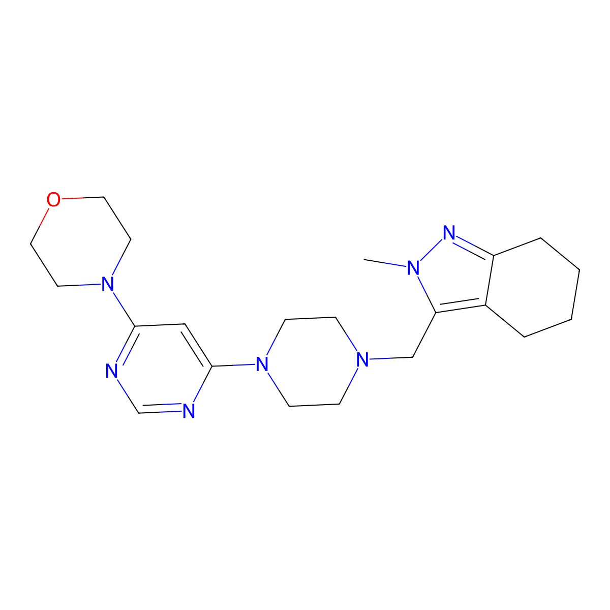 2-methyl-3-({4-[6-(morpholin-4-yl)pyrimidin-4-yl]piperazin-1-yl}methyl)-4,5,6,7-tetrahydro-2H-indazole molecular structure, CAS 2741921-78-6