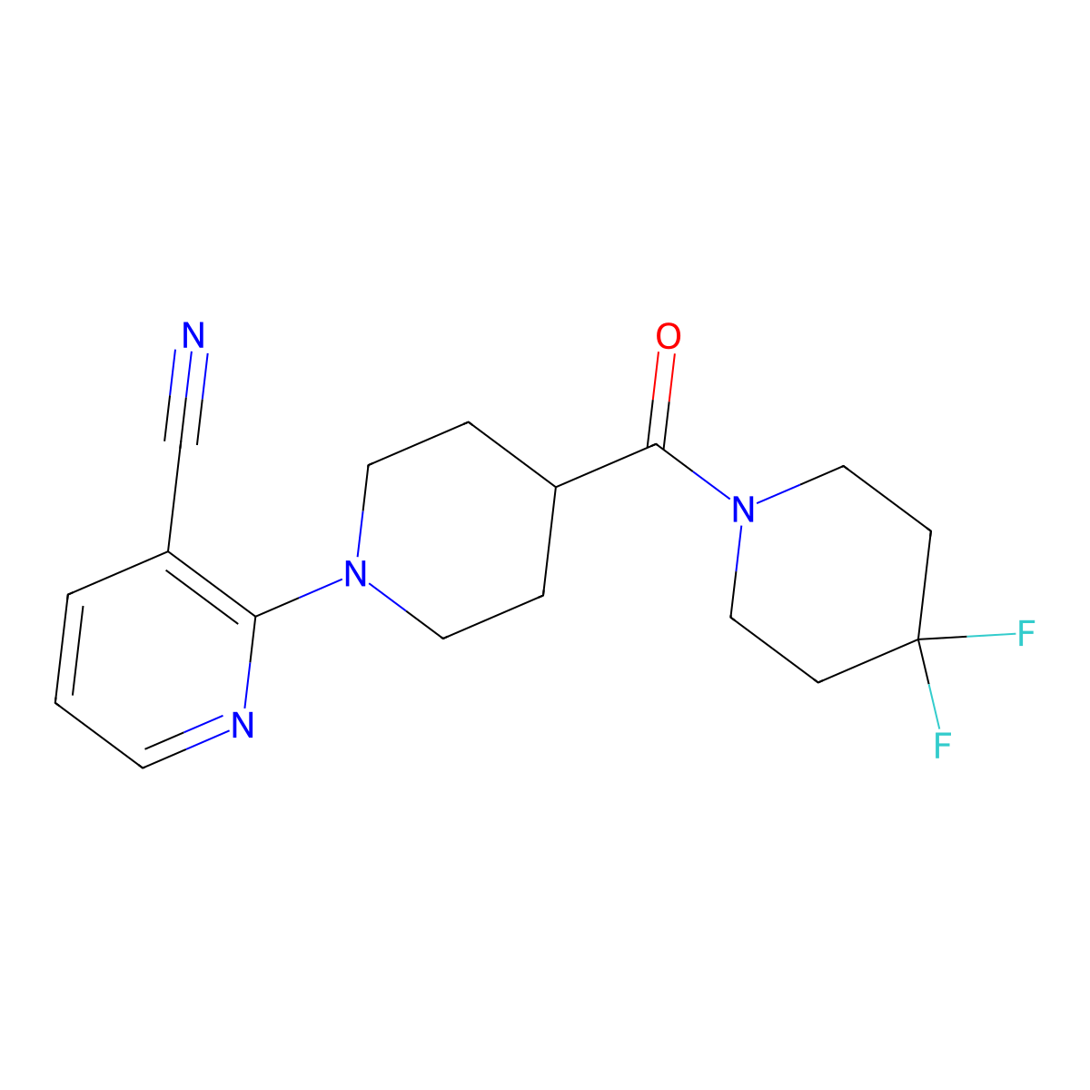 2-[4-(4,4-Difluoropiperidine-1-carbonyl)piperidin-1-yl]pyridine-3-carbonitrile molecular structure, CAS 2741921-86-6