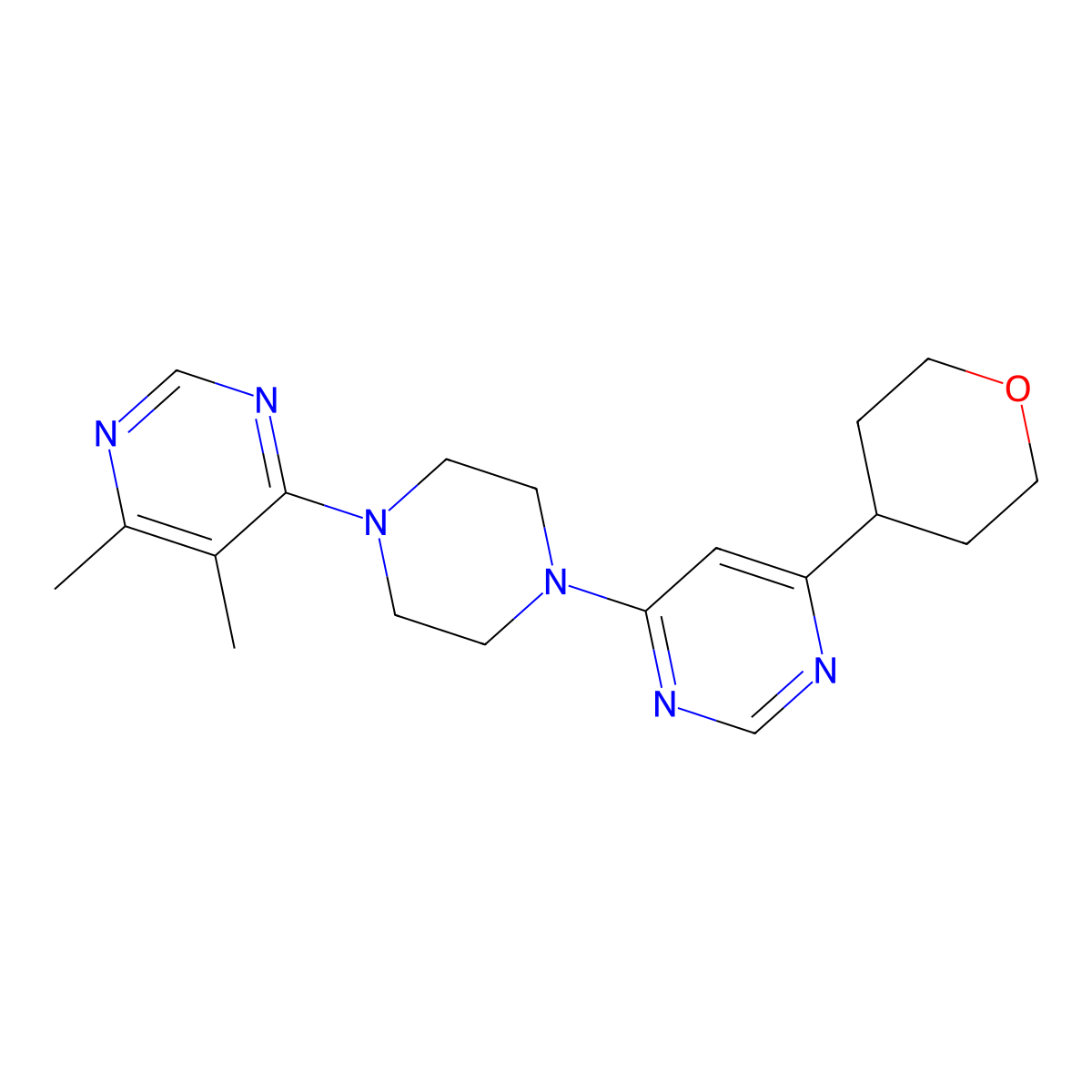 4,5-Dimethyl-6-{4-[6-(oxan-4-yl)pyrimidin-4-yl]piperazin-1-yl}pyrimidine molecular structure, CAS 2741921-88-8