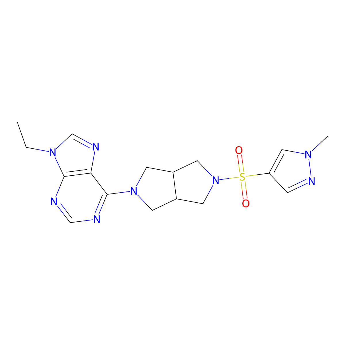 9-ethyl-6-{5-[(1-methyl-1H-pyrazol-4-yl)sulfonyl]-octahydropyrrolo[3,4-c]pyrrol-2-yl}-9H-purine molecular structure, CAS 2741921-90-2