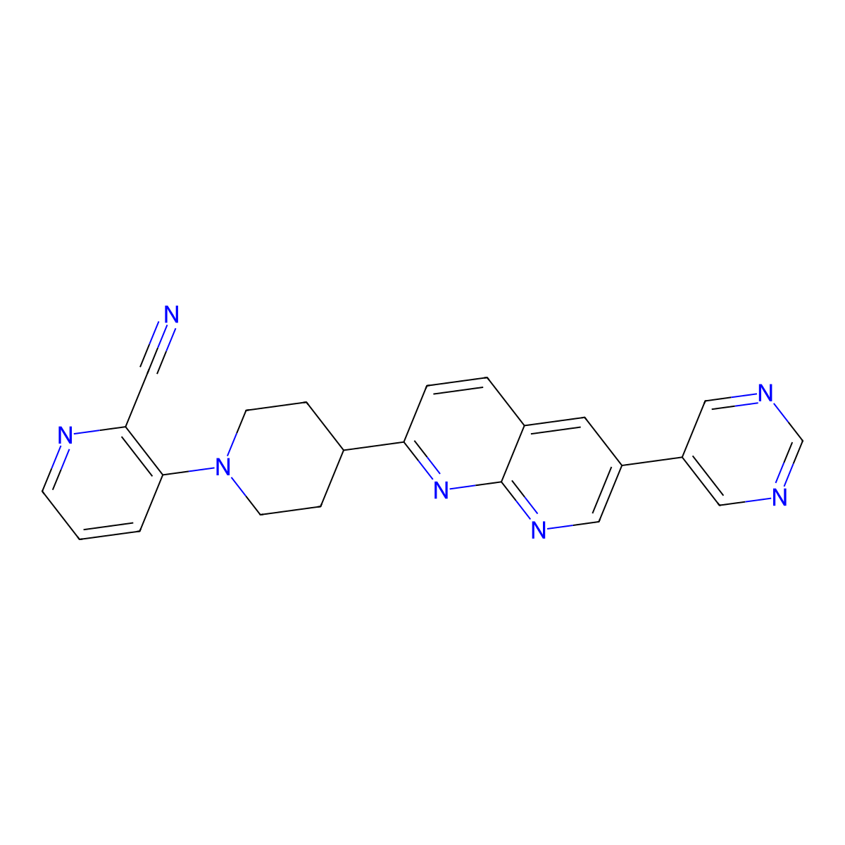 3-{4-[6-(Pyrimidin-5-yl)-1,8-naphthyridin-2-yl]piperidin-1-yl}pyridine-2-carbonitrile molecular structure, CAS 2741921-94-6