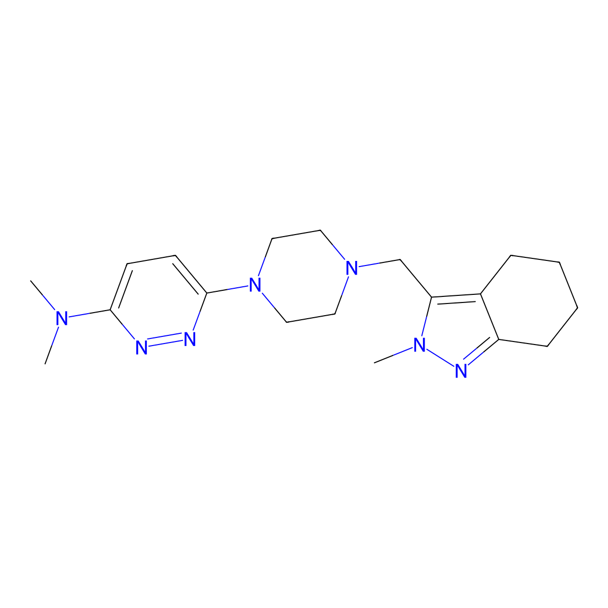 N,N-dimethyl-6-{4-[(2-methyl-4,5,6,7-tetrahydro-2H-indazol-3-yl)methyl]piperazin-1-yl}pyridazin-3-amine molecular structure, CAS 2741922-04-1