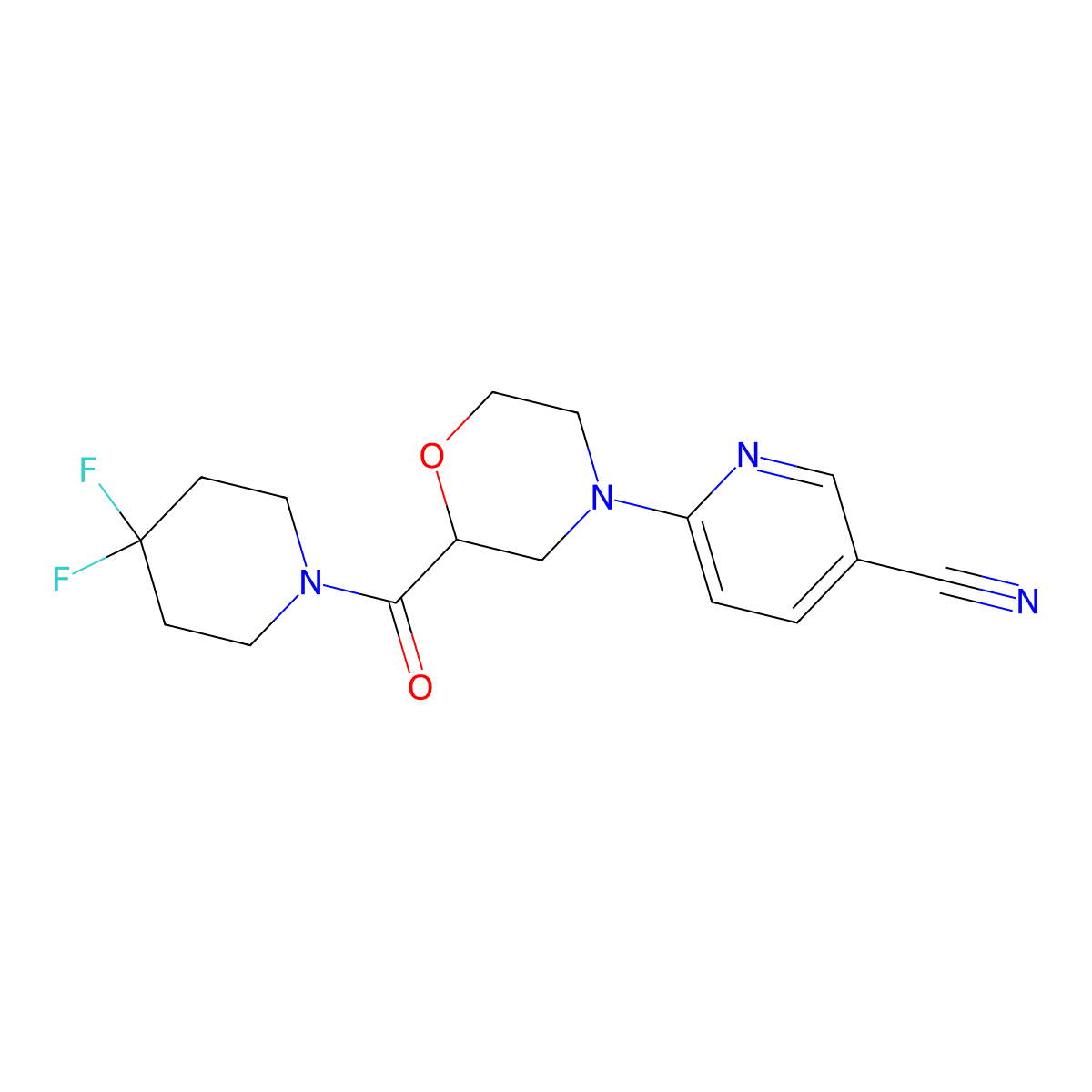 6-[2-(4,4-Difluoropiperidine-1-carbonyl)morpholin-4-yl]pyridine-3-carbonitrile molecular structure, CAS 2741922-09-6