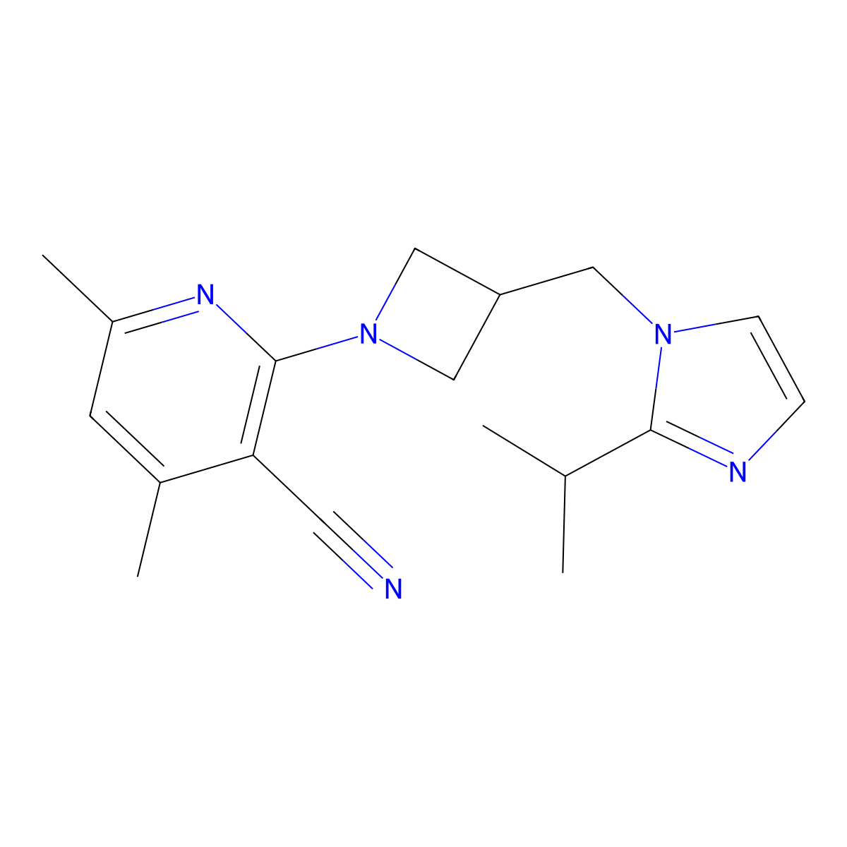 4,6-dimethyl-2-(3-{[2-(propan-2-yl)-1H-imidazol-1-yl]methyl}azetidin-1-yl)pyridine-3-carbonitrile molecular structure, CAS 2741922-13-2