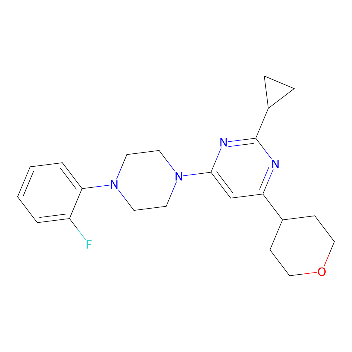 2-Cyclopropyl-4-[4-(2-fluorophenyl)piperazin-1-yl]-6-(oxan-4-yl)pyrimidine molecular structure, CAS 2741922-14-3