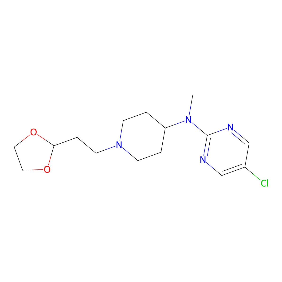 5-chloro-N-{1-[2-(1,3-dioxolan-2-yl)ethyl]piperidin-4-yl}-N-methylpyrimidin-2-amine molecular structure, CAS 2741922-15-4