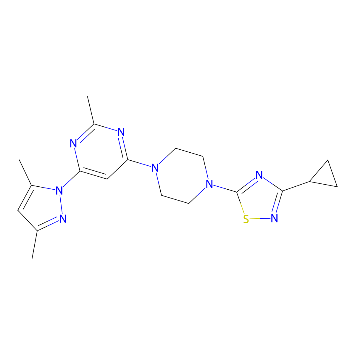 4-[4-(3-cyclopropyl-1,2,4-thiadiazol-5-yl)piperazin-1-yl]-6-(3,5-dimethyl-1H-pyrazol-1-yl)-2-methylpyrimidine molecular structure, CAS 2741922-17-6
