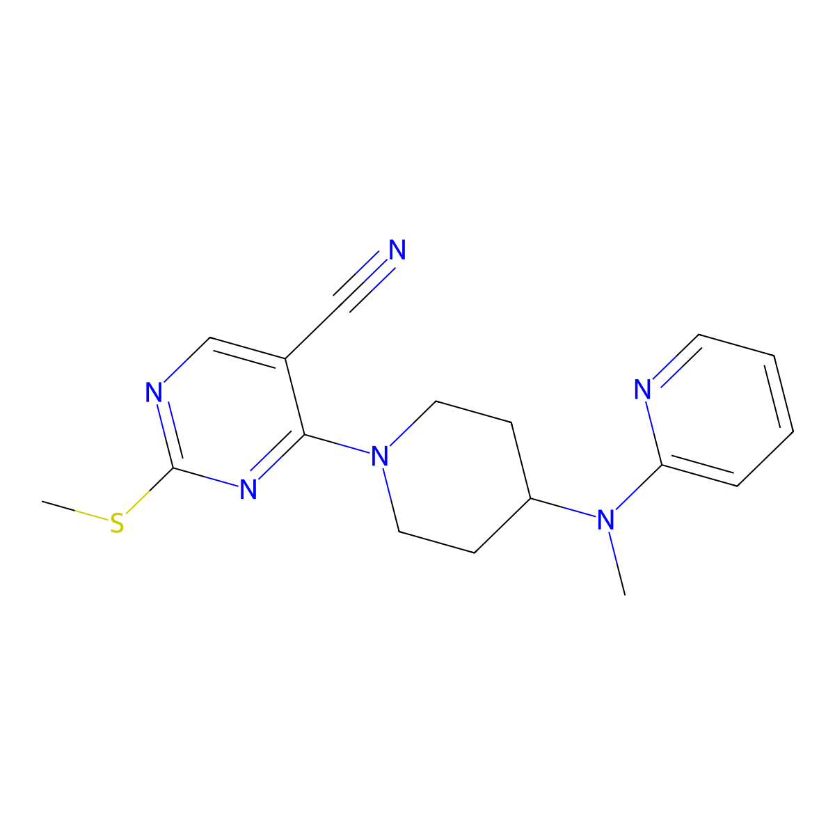 4-{4-[Methyl(pyridin-2-yl)amino]piperidin-1-yl}-2-(methylsulfanyl)pyrimidine-5-carbonitrile molecular structure, CAS 2741922-19-8