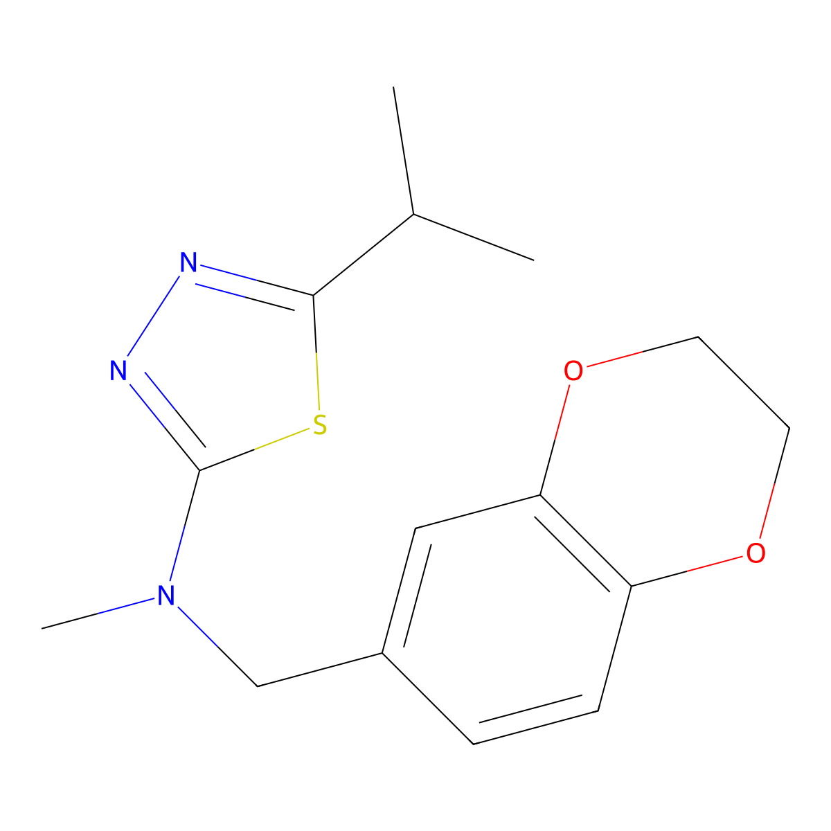 N-[(2,3-dihydro-1,4-benzodioxin-6-yl)methyl]-N-methyl-5-(propan-2-yl)-1,3,4-thiadiazol-2-amine molecular structure, CAS 2741922-22-3