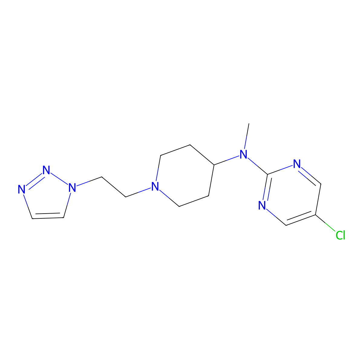 5-chloro-N-methyl-N-{1-[2-(1H-1,2,3-triazol-1-yl)ethyl]piperidin-4-yl}pyrimidin-2-amine molecular structure, CAS 2741922-23-4