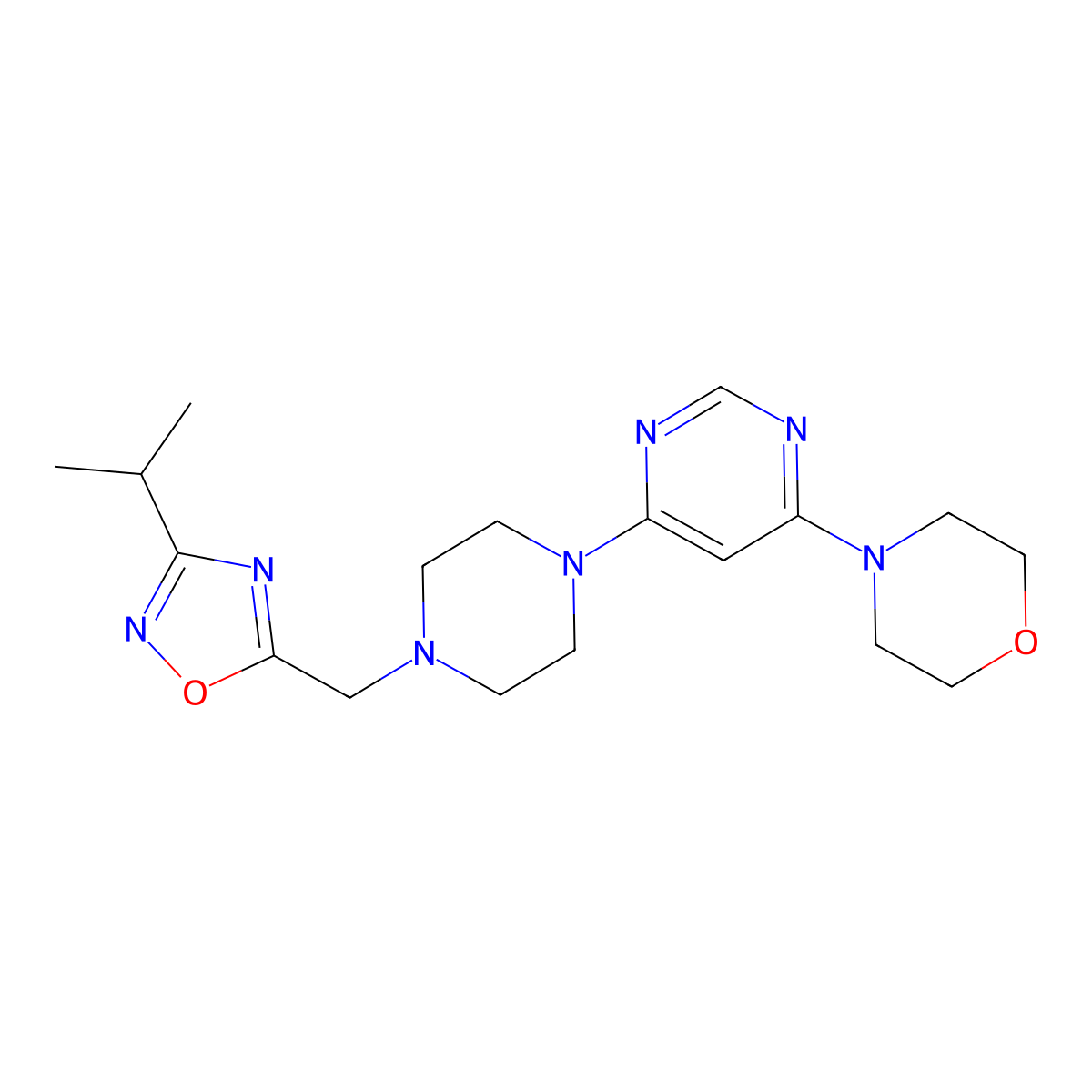 4-[6-(4-{[3-(Propan-2-yl)-1,2,4-oxadiazol-5-yl]methyl}piperazin-1-yl)pyrimidin-4-yl]morpholine molecular structure, CAS 2741922-50-7