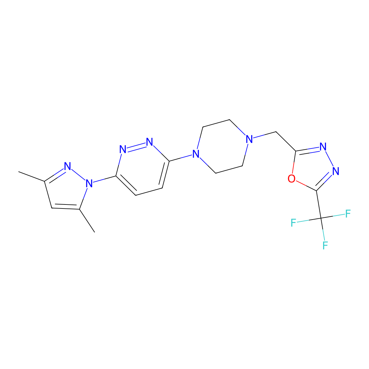 3-(3,5-dimethyl-1H-pyrazol-1-yl)-6-(4-{[5-(trifluoromethyl)-1,3,4-oxadiazol-2-yl]methyl}piperazin-1-yl)pyridazine molecular structure, CAS 2741922-59-6