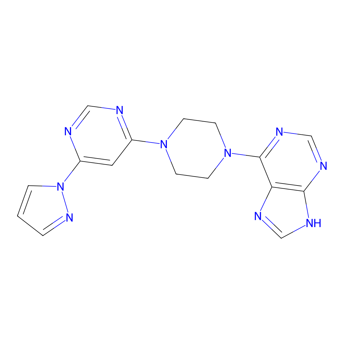 6-{4-[6-(1H-pyrazol-1-yl)pyrimidin-4-yl]piperazin-1-yl}-9H-purine molecular structure, CAS 2741922-60-9