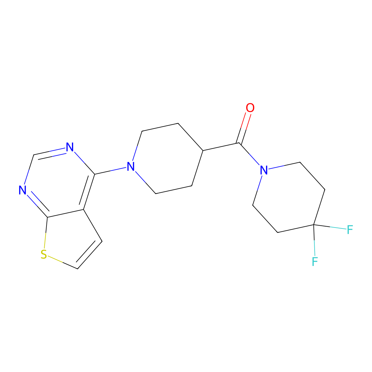 4-(4,4-Difluoropiperidine-1-carbonyl)-1-{thieno[2,3-d]pyrimidin-4-yl}piperidine molecular structure, CAS 2741922-65-4