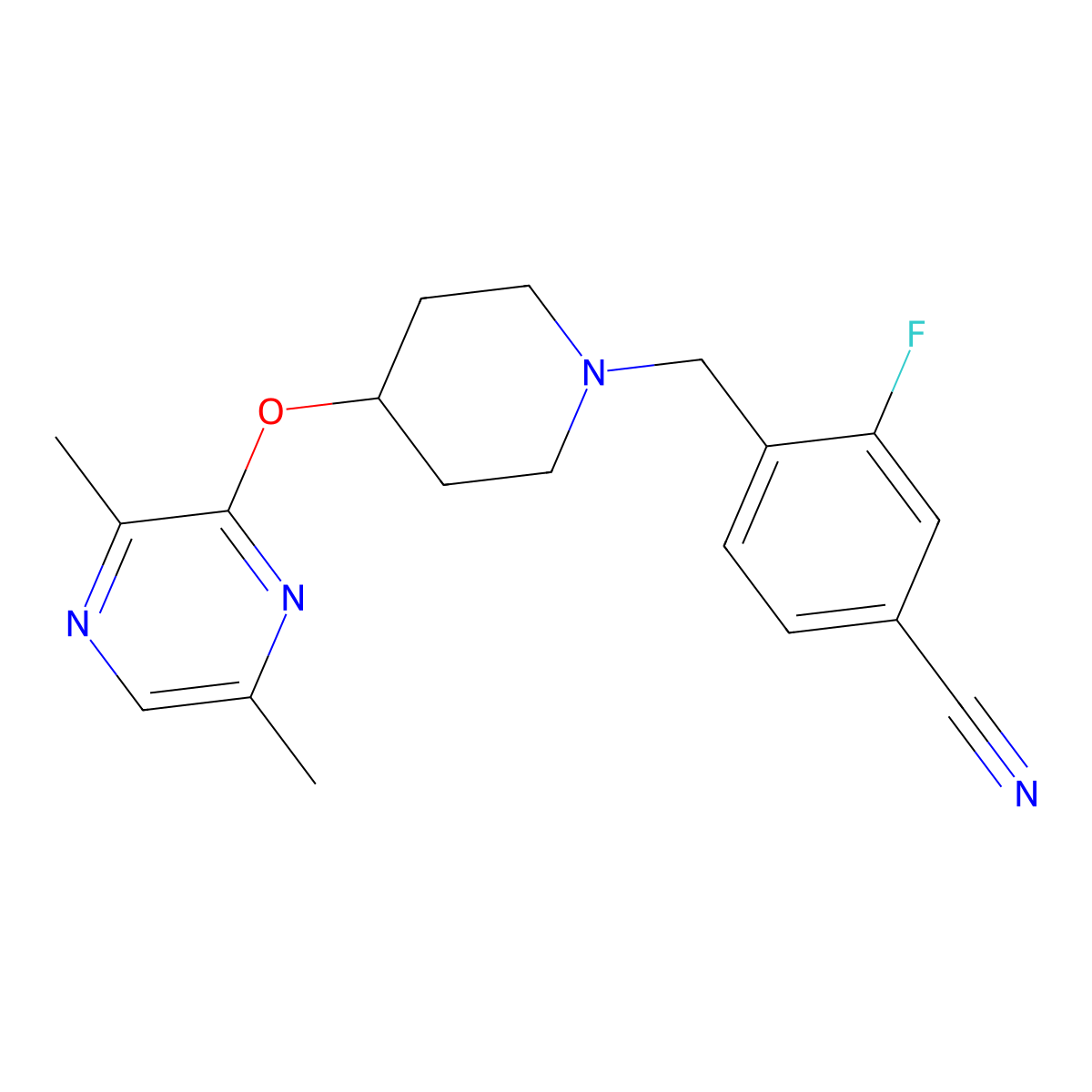 4-({4-[(3,6-Dimethylpyrazin-2-yl)oxy]piperidin-1-yl}methyl)-3-fluorobenzonitrile molecular structure, CAS 2741922-67-6