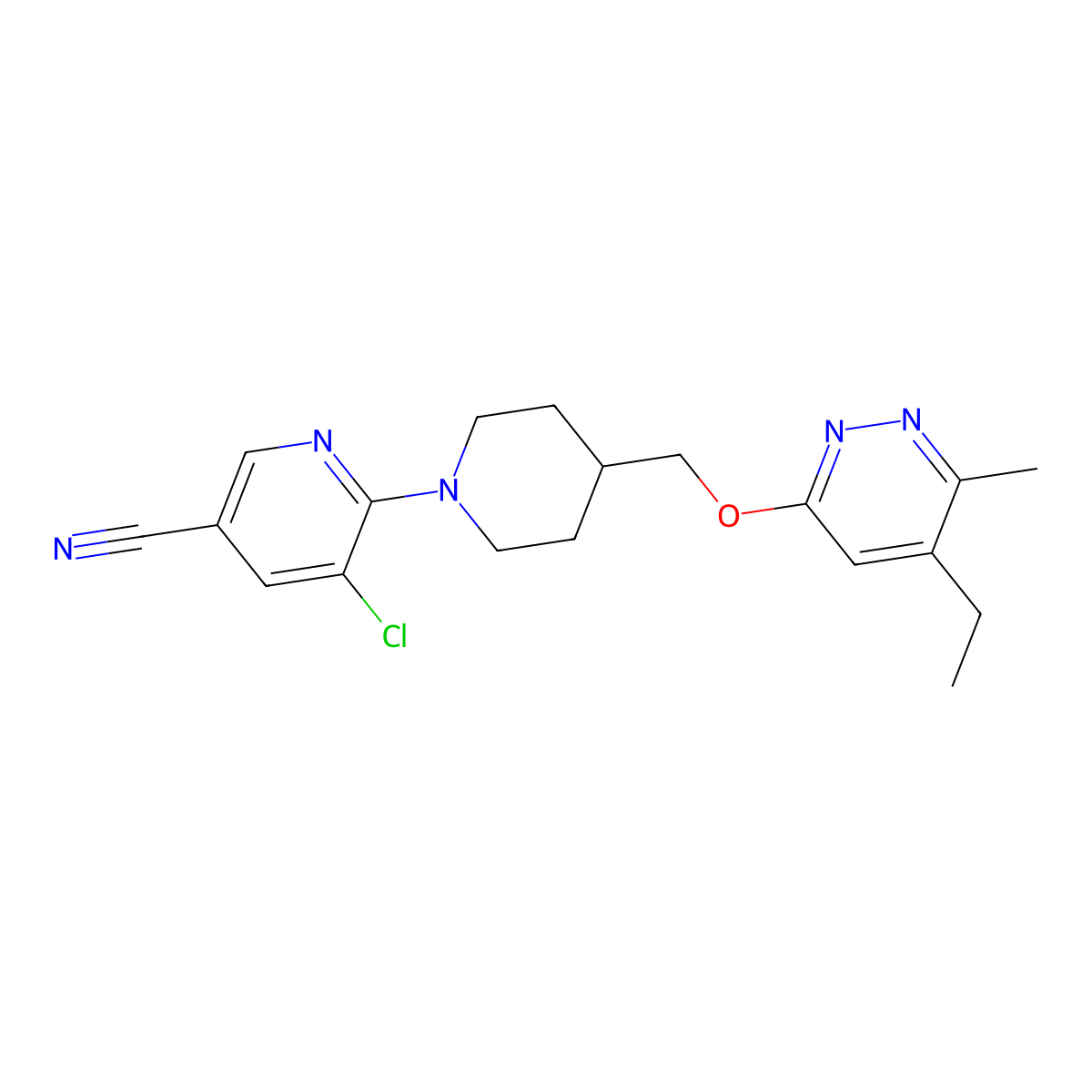 5-Chloro-6-(4-{[(5-ethyl-6-methylpyridazin-3-yl)oxy]methyl}piperidin-1-yl)pyridine-3-carbonitrile molecular structure, CAS 2741922-74-5